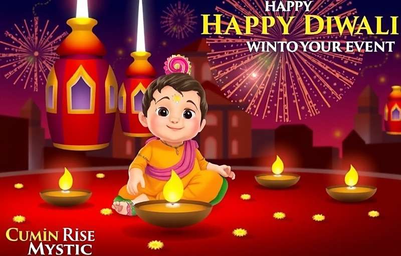 Cumin Rise Mystic Diwali event showing characters celebrating with fireworks and traditional lamps with Cumin Rise Mystic watermark